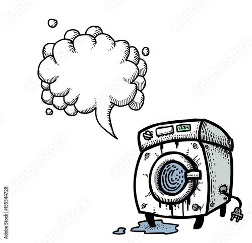 Cartoon image of washing machine. An artistic freehand picture. With speech bubble.