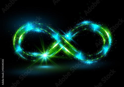 Lighting 3d infinity symbol. Beautiful glowing signs..Sparkling rings. Swirl icon on black background..Luminous trail effect. Colorful isolated sparkling loop.