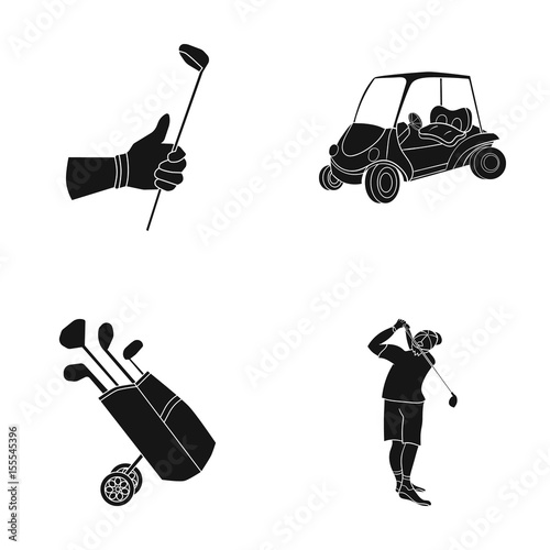 A gloved hand with a stick, a golf cart, a trolley bag with sticks in a bag, a man hammering with a stick. Golf Club set collection icons in black style vector symbol stock illustration web.