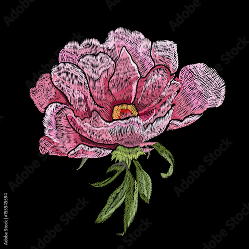 Rose embroidery on a black background. Classic style embroidery, beautiful rose flower pattern vector