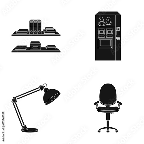 Shelves, folders and notebooks with business records, a coffee machine with cups, an armchair with a backrest on wheels, a desk lamp. Office Furniture set collection icons in black style vector symbol