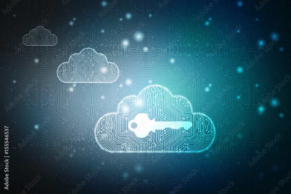 Fototapeta 2d rendering Cloud computing, Cloud Computing Concept, pixelated Cloud With Key icon on digital background,