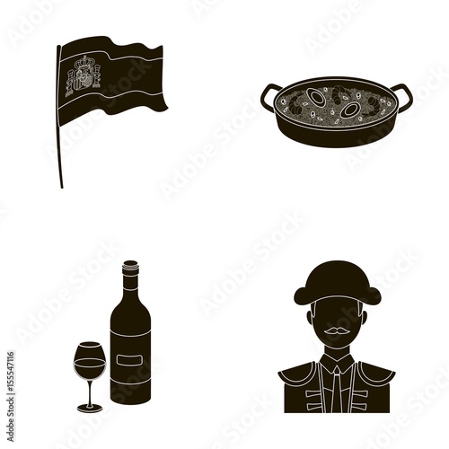 Flag with the coat of arms of Spain, a national dish with rice and tomatoes, a bottle of wine with a glass, a bullfighter, a matador. Spain country set collection icons in black style vector symbol