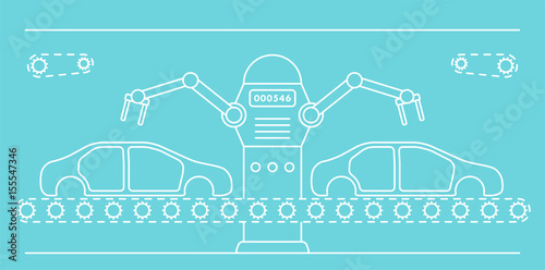 Thin line style car assembly line. Automatic auto production conveyor. Robotic car industry concept. Vector illustration.