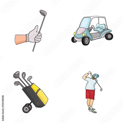 A gloved hand with a stick, a golf cart, a trolley bag with sticks in a bag, a man hammering with a stick. Golf Club set collection icons in cartoon style vector symbol stock illustration web.