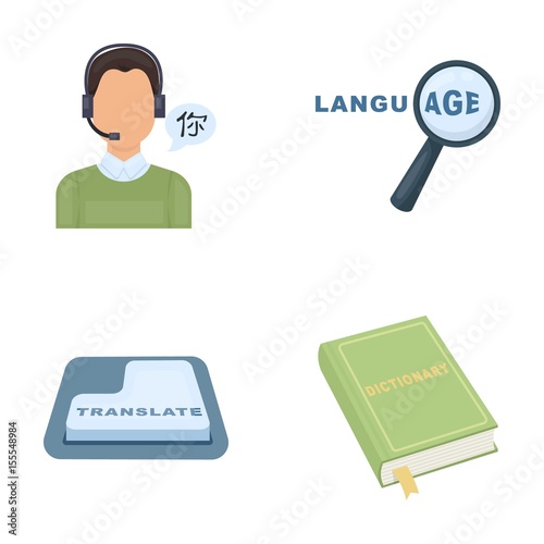 A translator in headphones, a magnifying glass showing translation, a button with an inscription, a book with a bookmark. Interpreter and translator set collection icons in cartoon style vector symbol