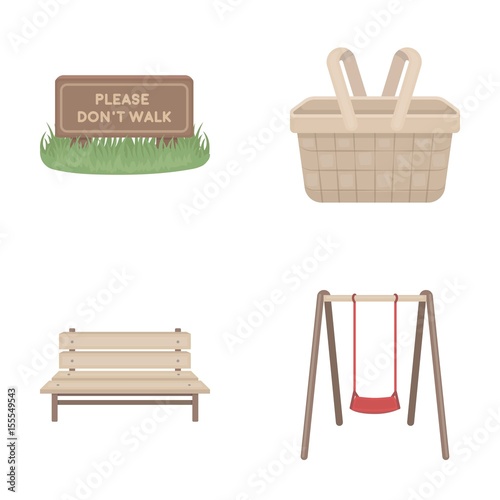 Lawn with a sign, a basket with food, a bench, a swing. Park set collection icons in cartoon style vector symbol stock illustration web.