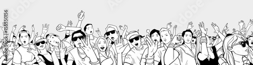 Illustration of festival crowd having fun at concert in panorama view and high detail