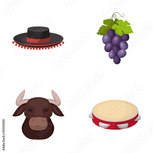 The hat of the todeador, the matador, a bunch of grapes with fists, a bull for the Spanish bullfight, a tambourine. Spain country set collection icons in cartoon style vector symbol stock illustration
