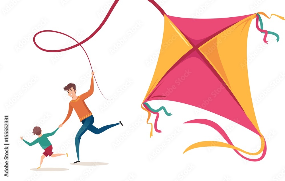 Φωτογραφία Happy family father and son playing with kite and having fun in summer