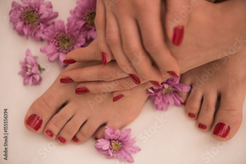 female feet and hands at spa salon