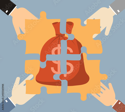 Investment money illustration. Four hands businessman folded money bag consists of puzzles. Business, finance concept.