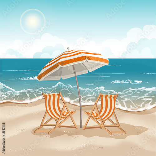 Illustration of a seashore with a beach umbrella and chairs