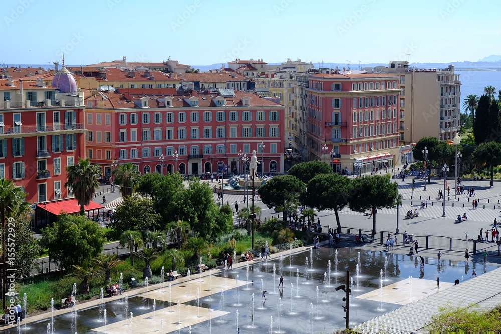 View from above to the promenade du Paillon and Massena square in the downtown of Nice, France