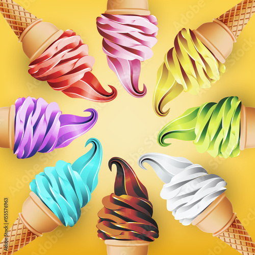Colorful ice cream cone in form of circle, different flavors such as strawberry, peppermint, lemon, mango, blueberry, chocolate and milk, clipping mask crop, Vector illustration