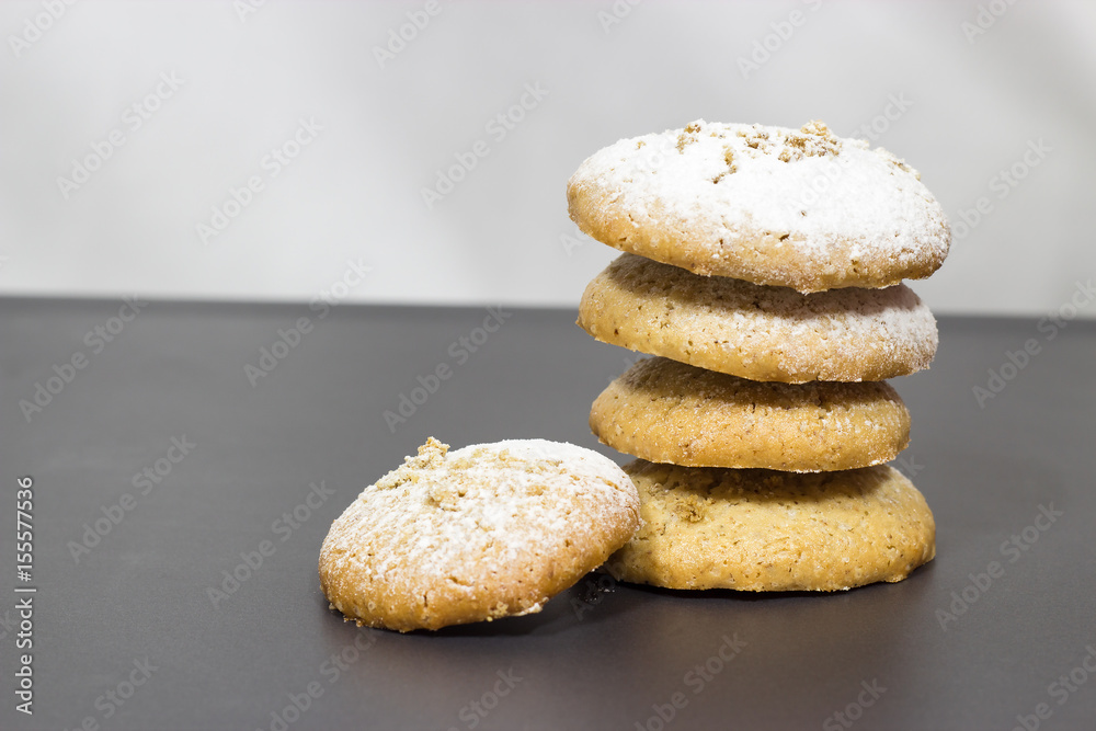 Homemade healthy nuts cookies on grey background. Isolated. Selective focus.