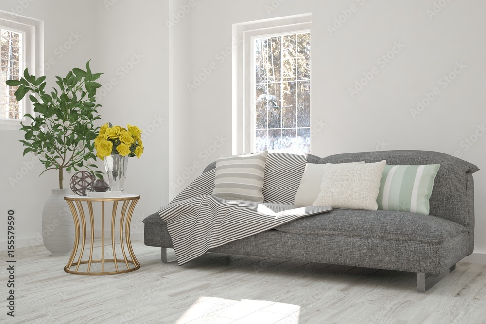 White room with sofa and winter landscape in window. Scandinavian interior design. 3D illustration White room with sofa and winter landscape in window. Scandinavian interior design. 3D illustration