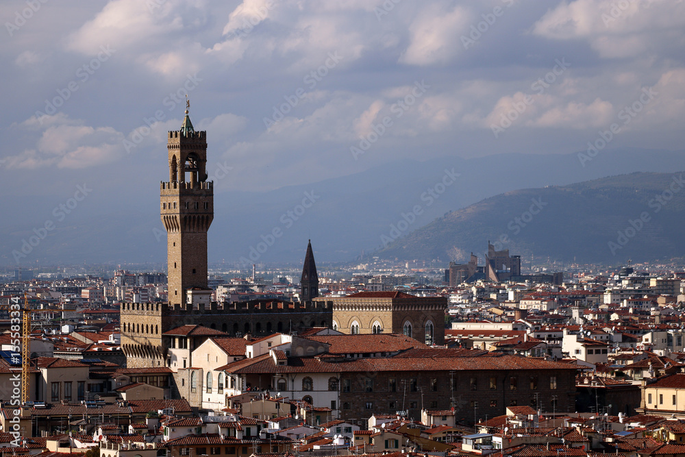Palazzo Vecchio and Arnolfo’s Tower above  piazza della Signoria in Florence, Italy