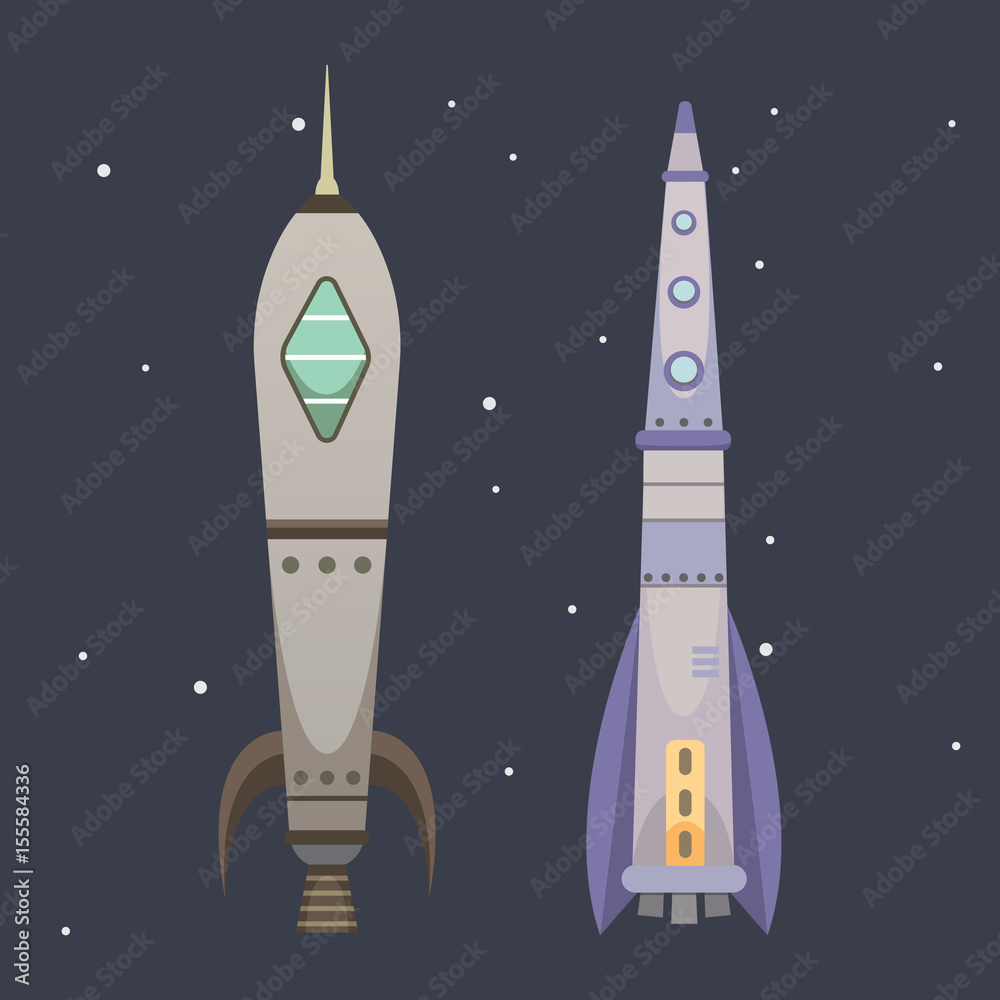 Rocket ship in cartoon style. New Businesses Innovation Development Flat Design Icons Template. Space ships illustrations set. Rocket ship in cartoon style. New Businesses Innovation Development Flat Design Icons Template. Space ships illustrations set.