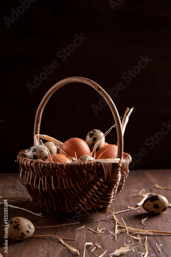 Fresh organic eggs in the basket. Rustic still life