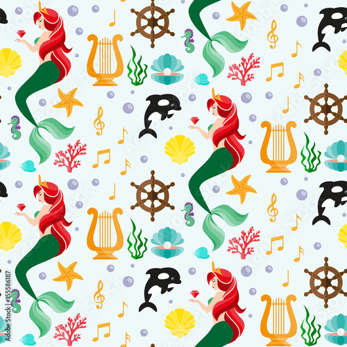 Mermaid, killer whale, harp, notes, seashells and others.