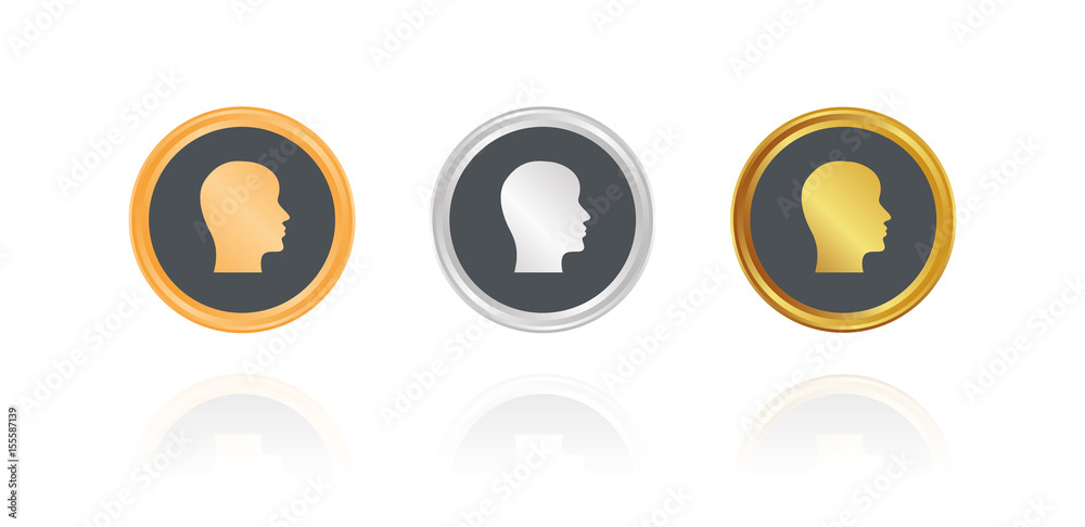 Kopf seitlich - Bronze, Silber, Gold Buttons Kopf seitlich - Bronze, Silber, Gold Buttons
