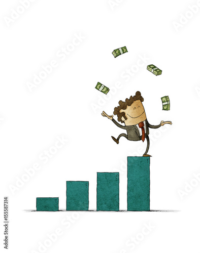 Businessman juggling with money raised on top of a bar graph