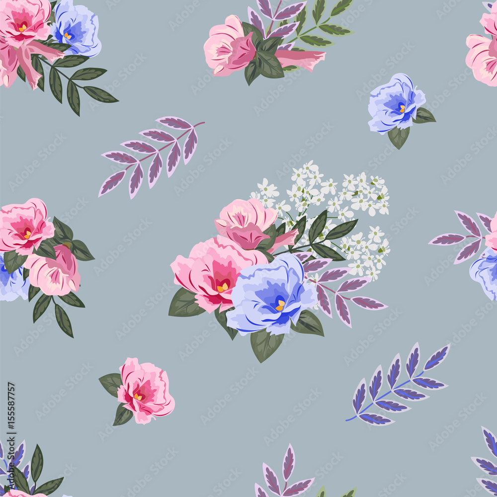 Vintage seamless pattern with cute pink flowers and fresh twigs. Hand-drawn floral background for textile, cover, wallpaper, gift packaging, printing.Romantic design for calico.