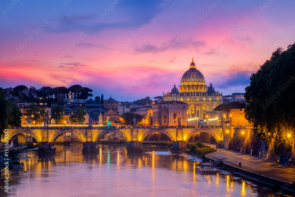 Famous cityscape view of St Peters basilica in Rome at sunset