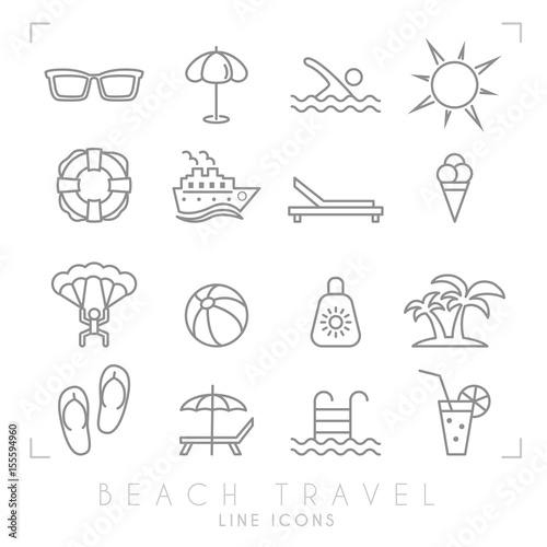 Outline thin travel and vacation icons set. Sunglasses, umbrella, swim, sun, lifebuoy, ship, desk chair, ice cream, air sports, ball, sun cream, palms, flip flops, pool, bar and cocktail.