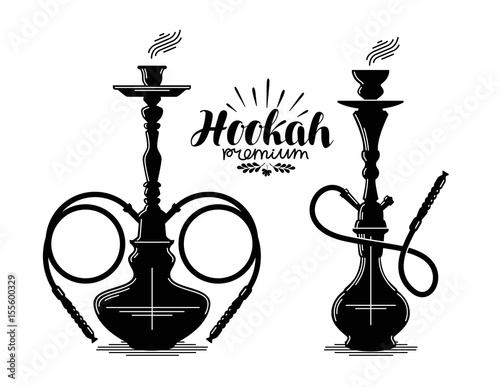 Hookah label set. Shisha, hooka, waterpipe, hubble-bubble, nargile icon or symbol. Vector illustration