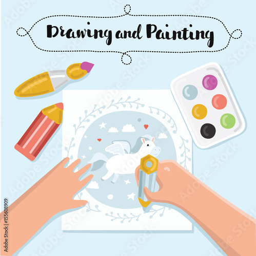 Handmade creative kids banners. Creative process banners with child painting and childrens handiwork. Vector illustration