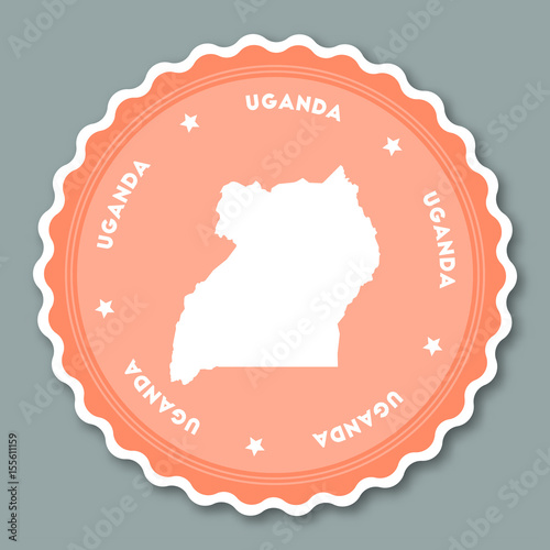 Uganda sticker flat design. Round flat style badges of trendy colors with country map and name. Country sticker vector illustration.