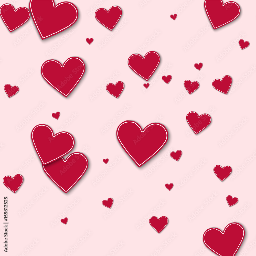 Random red paper hearts. Scatter horizontal lines on light pink background. Vector illustration.
