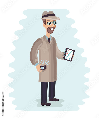 Young male spy agent wearing a hat, coat and a tie, holding camera. 