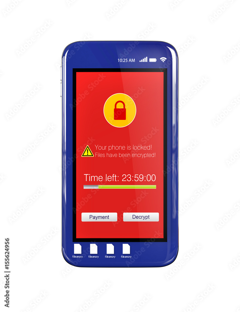 Screen of smartphone showing alert that the phone has locked by ransomware. 3D rendering image. Screen of smartphone showing alert that the phone has locked by ransomware. 3D rendering image.