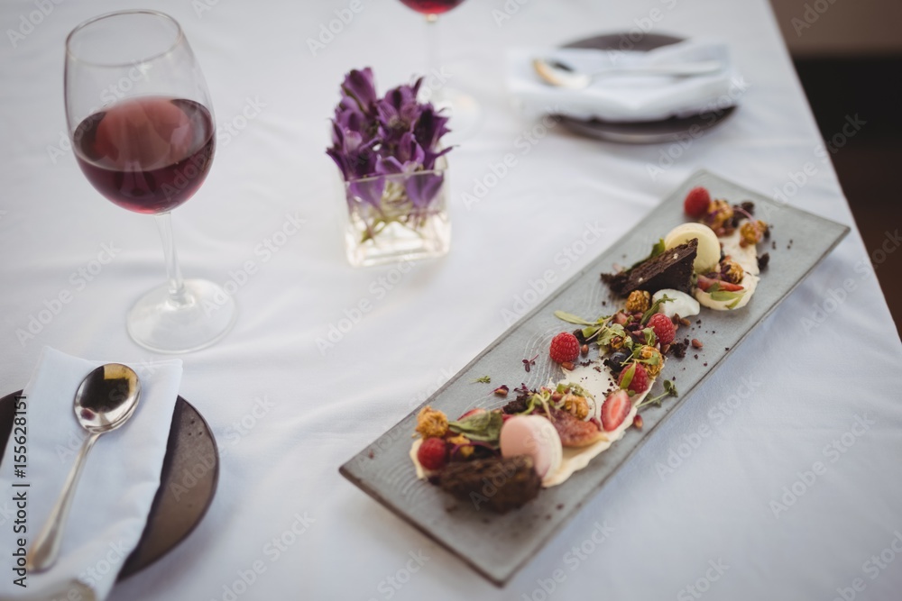 Close-up of dessert served on tray