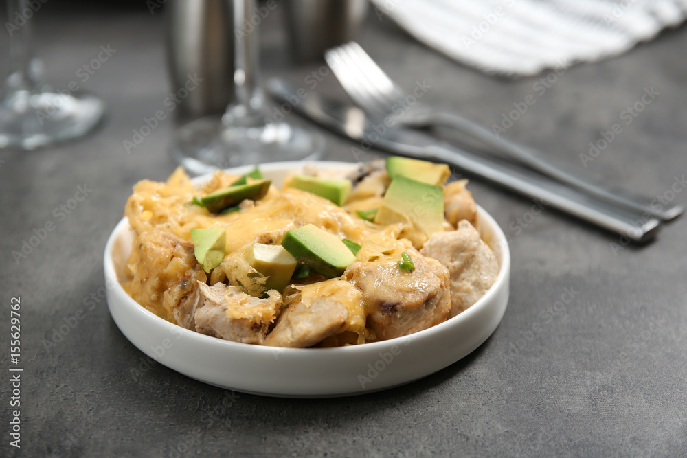 Delicious chicken casserole meal on table Delicious chicken casserole meal on table