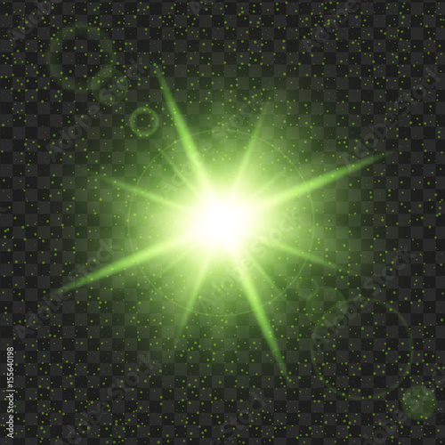 Green shine stars with glitters, Effect graphic light. Transparent design elements background.