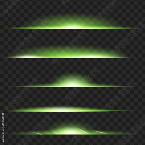 Set of Green glowing light effect. Isolated on black transparent background. Vector illustration, eps 10.