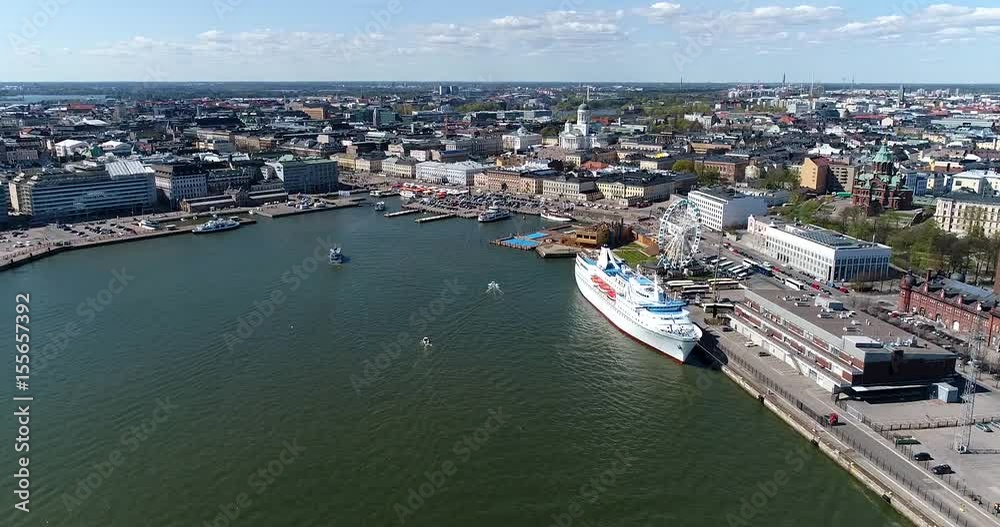 Helsinki harbor, Cinema 4k aerial view flying towards kauppatori market square, on a sunny summer day, in Helsinki, Finland Helsinki harbor, Cinema 4k aerial view flying towards kauppatori market square, on a sunny summer day, in Helsinki, Finland