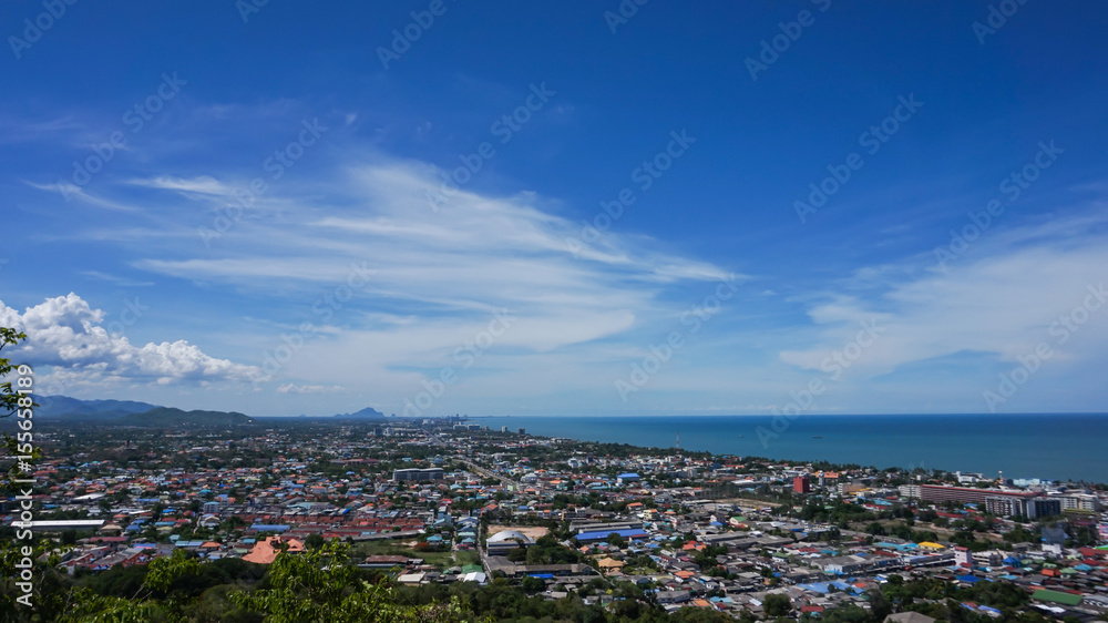 Aerial view of Hua Hin city  with coastline from mountain, Thailand