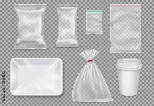 Big set of plastic packaging - sacks, tray, cup. Vector.