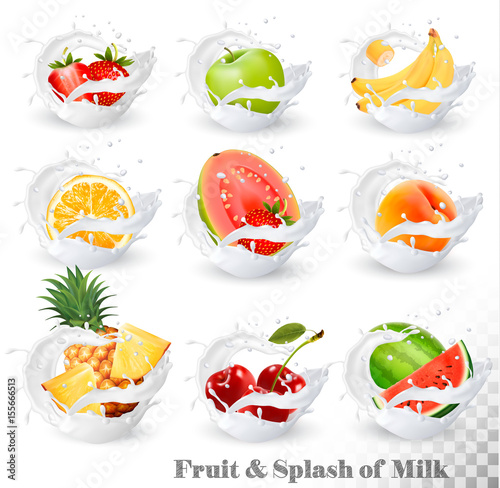 Big collection of fruit in a milk splash. Pineapple, cherry, banana, apple, watermelon, peach, guava, strawberry, orange. Vector Set 14.