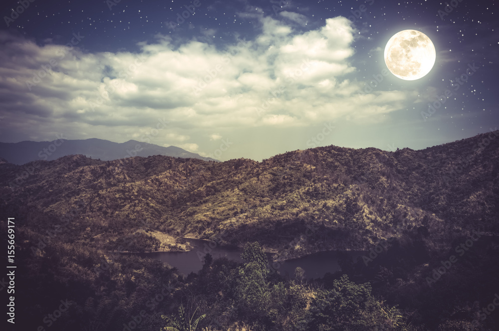 Landscape of blue dark night sky with many stars and cloudy.