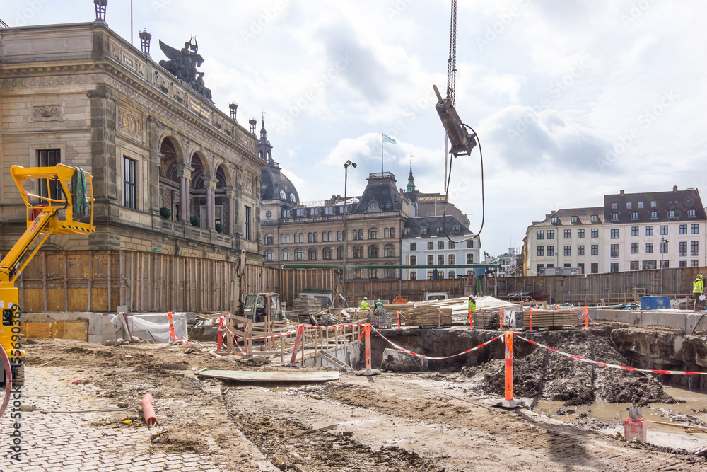 Contruction site for a new metro in front of the Roal Theatre in Copenhagen