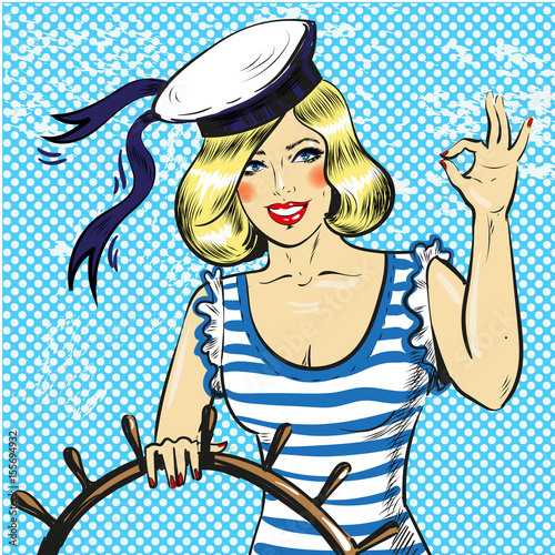 Vector pop art illustration of sailor pin up girl