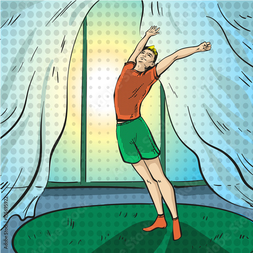 Vector pop art illustration of boy waking up in morning