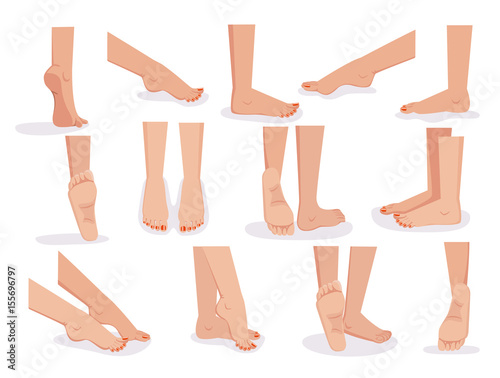 Female feet Bare female leg And foot diversified view.Back, front, Side view.  Vector illustration.Isolated on white background