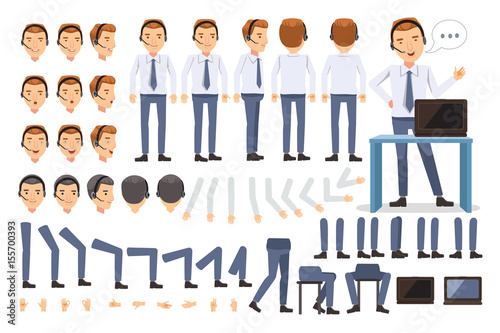  customer service man Character creation set.Icons with different types of faces and hair style, emotions, front,rear,side view of male person. Moving arms, legs.Sit, stand, walk.Vector illustration
